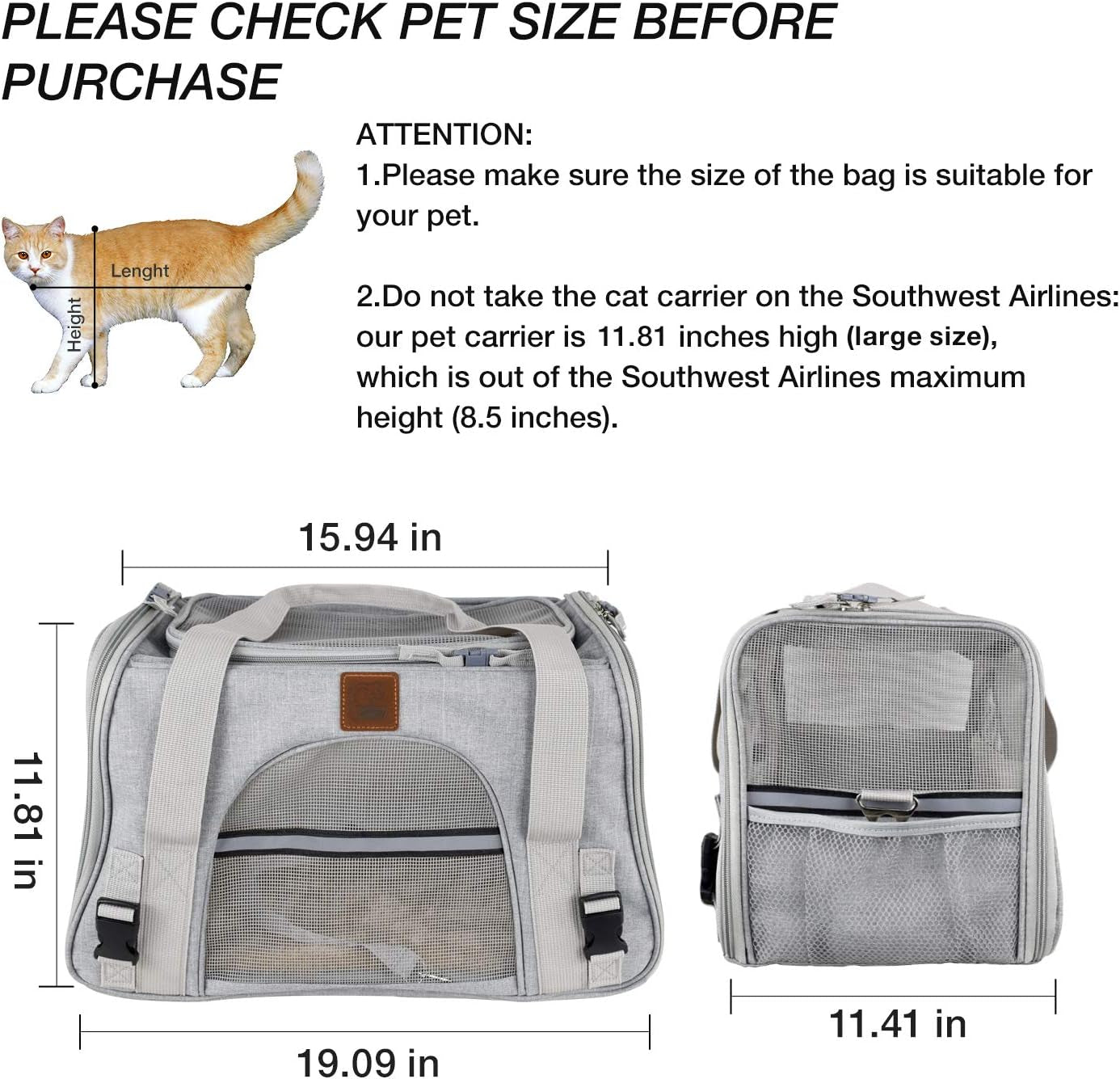 Premium Pet Carrier Airline Approved Soft Sided for Cats and Dogs Portable Cozy Travel Pet Bag, Car Seat Safe Carrier (Large (Pack of 1), Light Grey-3)