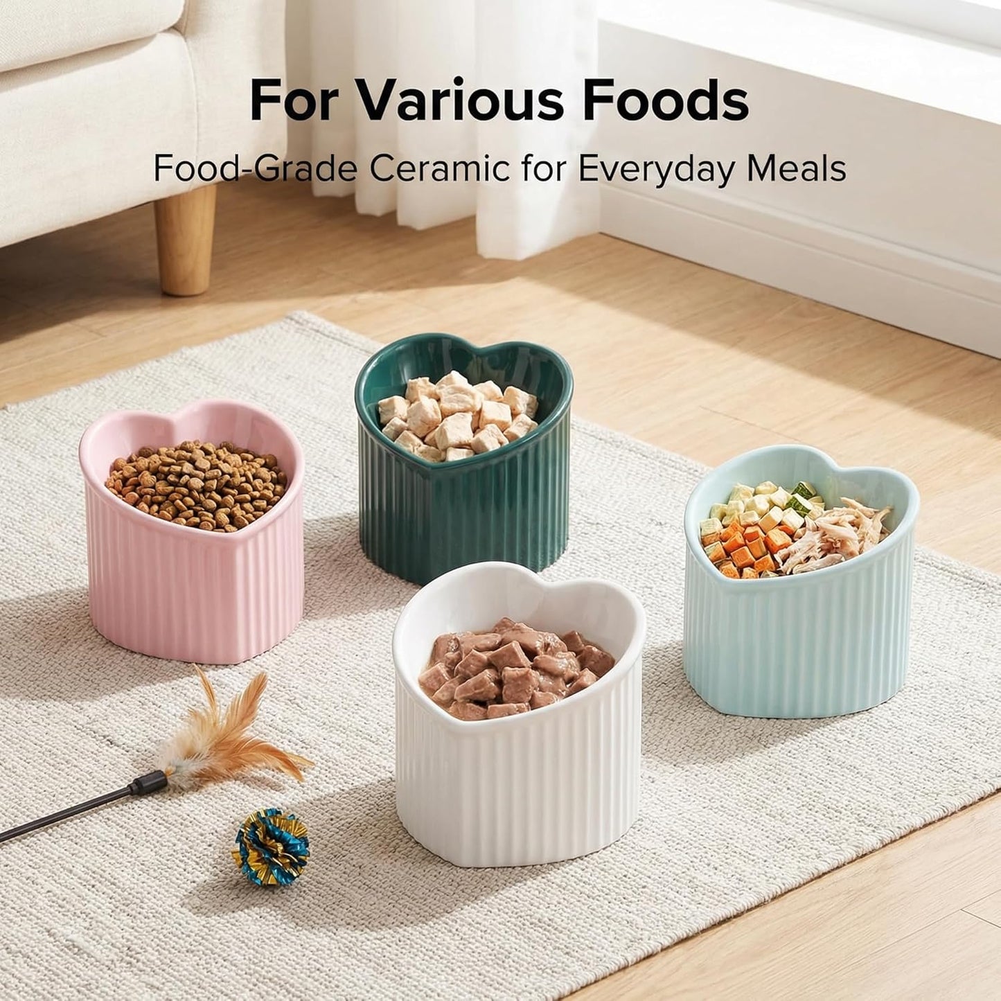 Dark Green Ceramic Raised Cat Bowls, Tilted Elevated Food or Water Bowls, Stress Free, Backflow Prevention, Dishwasher and Microwave Safe, Lead & Cadmium Free
