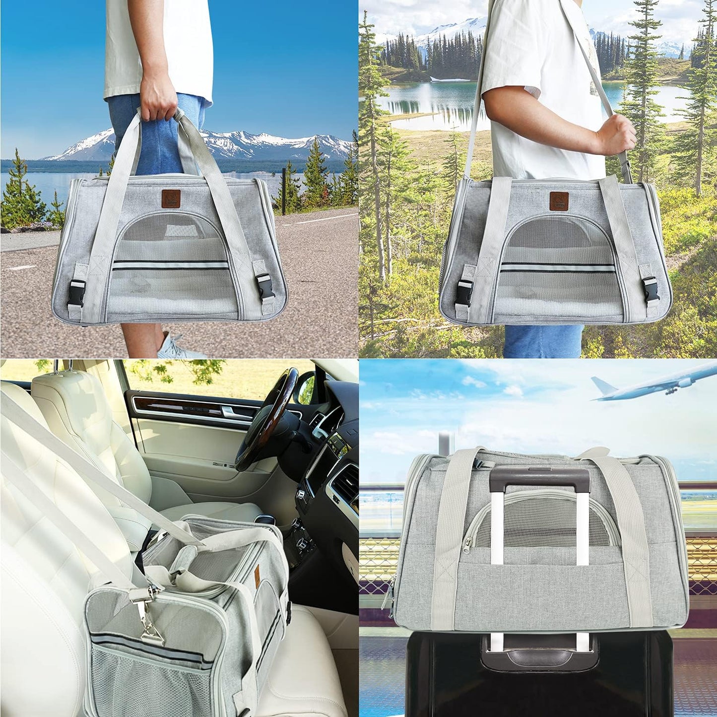 Premium Pet Carrier Airline Approved Soft Sided for Cats and Dogs Portable Cozy Travel Pet Bag, Car Seat Safe Carrier (Large (Pack of 1), Light Grey-3)