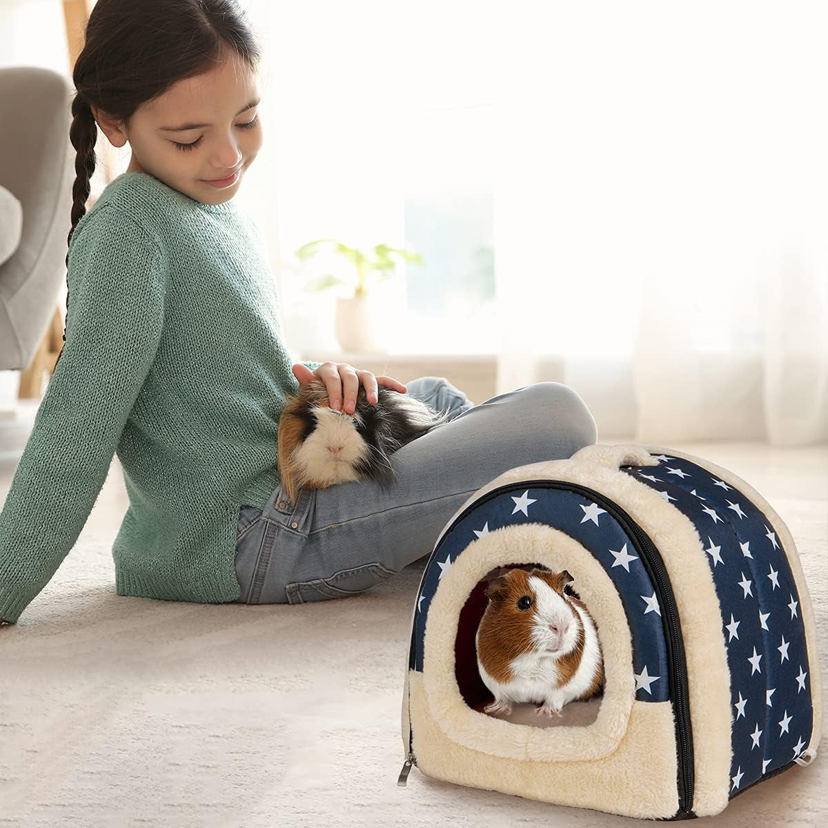 Guinea Pig & Rabbit Cozy Hideout House - Small Animal Bed for Guinea Pigs, Rabbits, Hamsters, Rats & Chinchillas Cave Bed (Stars)
