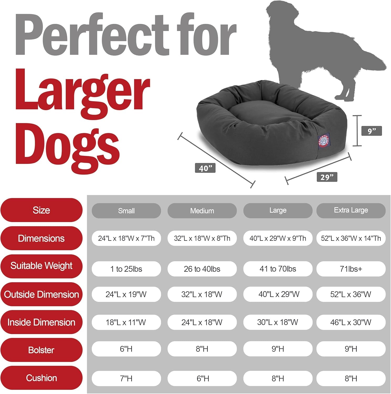 Dog Bagel Calming Bed, 40X29X9In, Soft round Pet Bed with Spine Support, Fluffy Donut Dog Bed, Large, Gray