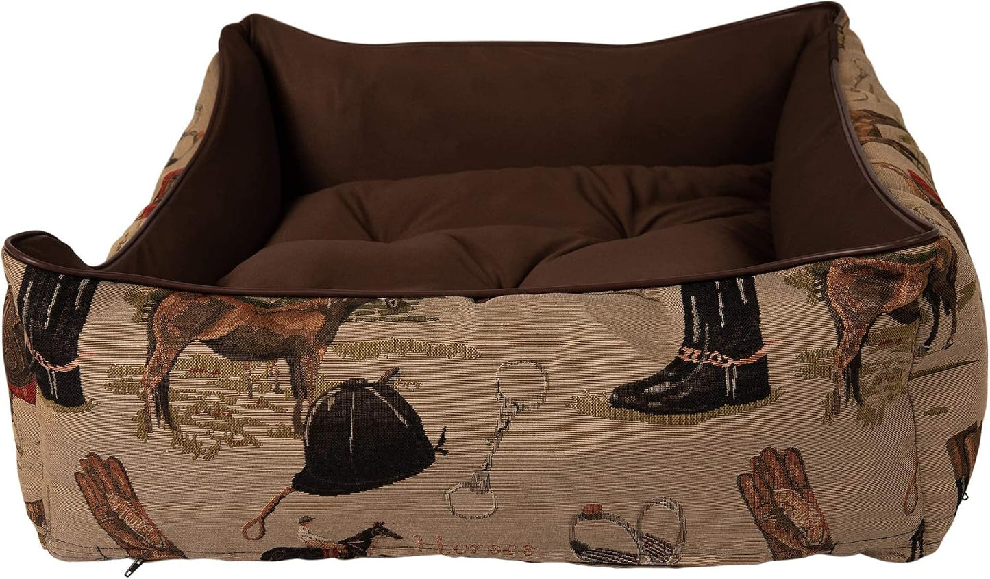 Huntley Pet English Equestrian Tapestry Design Rectangle Bolster Washable Soft Ped Beds Zip on 3 Sides - Small - 23.5" X 20.5" X 8"