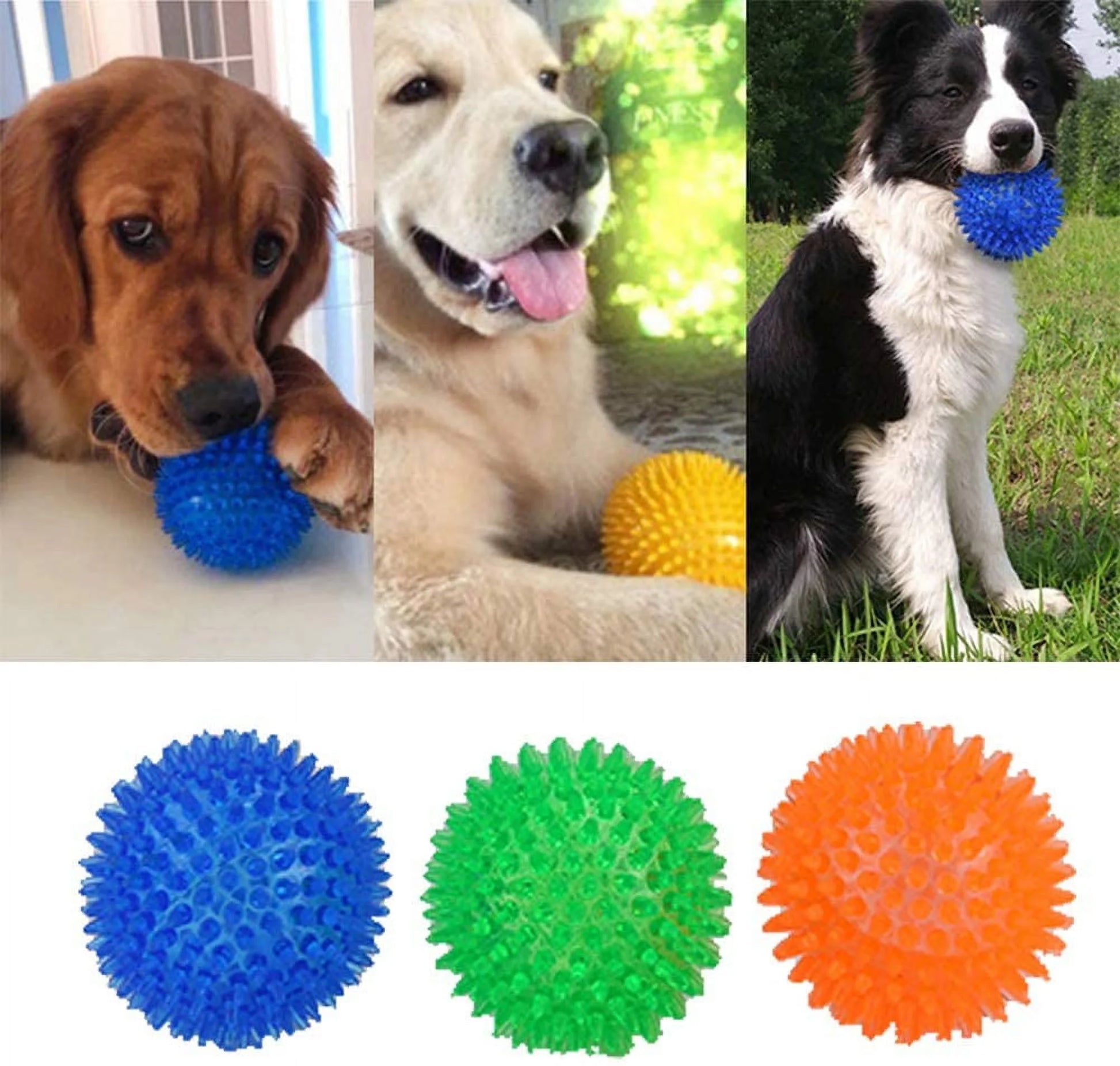3 Pack Dog Squeaky Toys Spike Ball, TPR Dog Toy Balls Eco-Friendly Natural Rubber TPR Dog Toy